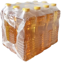 Six cooking oil bottles bundled with PE shrink film